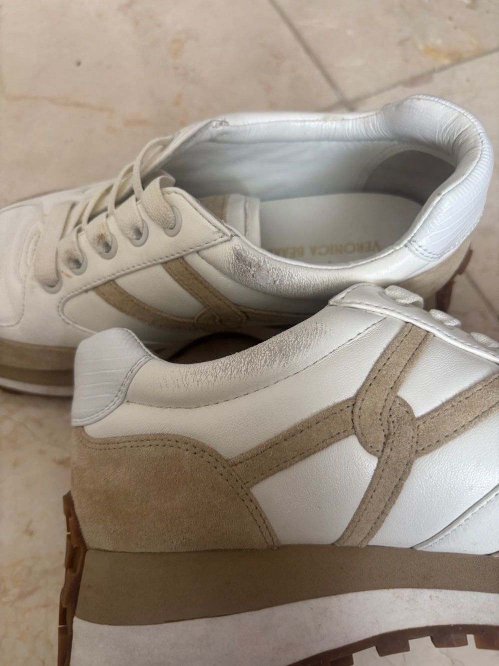Veronica Beard White and Tan Leather Sneakers - Picture 4 of 8